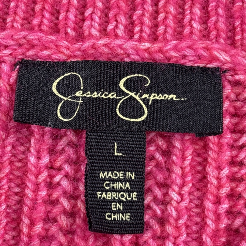 Jessica Simpson Ribbed Knit Cropped Mock Neck Sweater – Women's Size L– Hot Pink - Picture 8 of 13